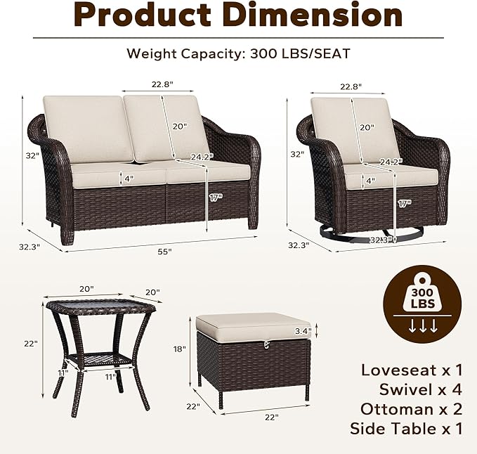 8 Piece Patio Wicker Conversation Set, All-Weather Use Outdoor Wicker Loveseat with 2 PE Rattan Ottomans,4 Swivel Chair, 1 Side Table, Ideal for Porch, Backyard, Balcony, Poolside, Beige