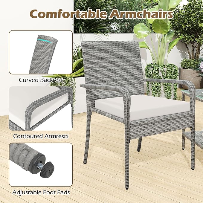 Tangkula 3 Pieces Patio Furniture Set, PE Rattan Outdoor Cushioned Conversation Chairs with 2-Tier Tempered Glass Tabletop Table, for Balcony, Garden and Poolside