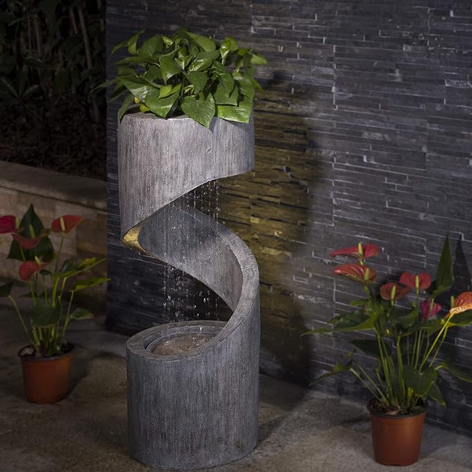 Glitzhome Outdoor Water Fountain with LED Light, Spiral Outdoor Fountain Waterfall with Stone Planter, Modern Curved Freestanding Fountain Water Feature for Garden Patio Backyard, 31.3" H