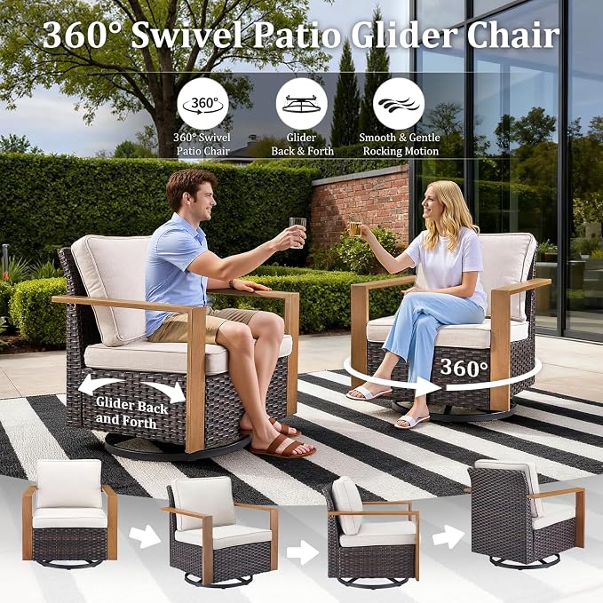 Outdoor Swivel Rocker Patio Chairs Set of 3, High Back Swivel Patio Chairs with Side Table & Metal Arm, Wicker Outdoor Bistro Set for Porch, Yard, Deck, Poolside, Beige