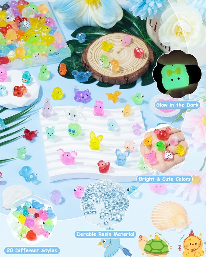FIVEIZERO 100PCS Luminous Mini Resin Animals Bulk, 20 Styles | Waterproof, Fade-resistant, Non-toxic, Smooth Edges, Fairy Garden Decor, Aquarium Accents, Party Favor Fillers