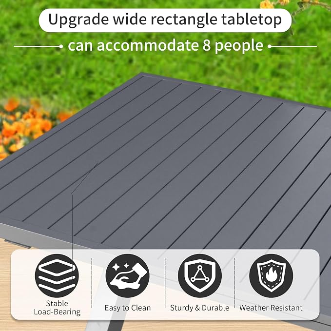 TWT Expandable Dining Table Set for 6 to 10, Aluminum Outdoor Rectangular Patio Metal Table with Umbrella Hole for Backyard Porch, Poolside and Garden, Easy Assembly, Dark Grey