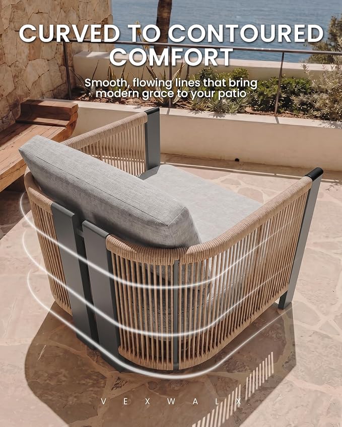 Vexwalx Luxury Patio Furniture Set, 5-Piece Curved Outdoor Furnitrue Set with Weather-Resistant Aluminum Frame and 7.1" Thicker Cushion, Woven Rope Patio Conversation Set for Deck, Garden