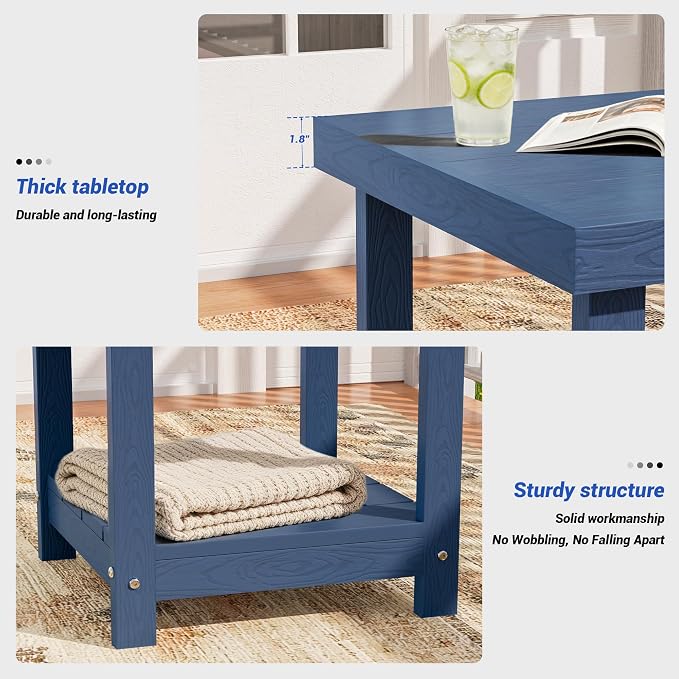 2-Tier HDPE Outdoor Square Side Table, Heavy-Duty Patio Side Table with Storage Shelf, Weather-Resistant Adirondack End Tables for Backyard, Pool, Porch, Garden, Lawn, Navy Blue
