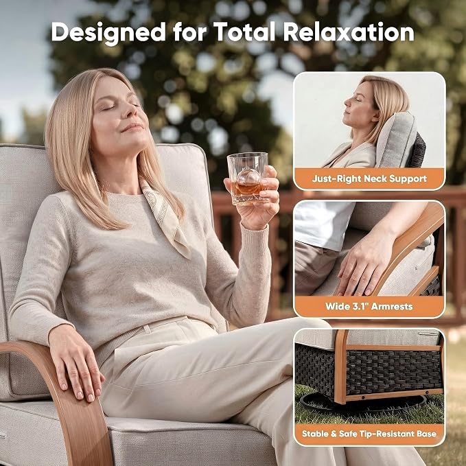 Belord 4 Piece Patio Furniture Set with 6-Inch Thick Cushions, Outdoor Swivel Chairs Set with Ottomans,Wicker Rocker Patio Chairs, All-Weather Wicker Conversation Set for Garden Porch, Wood & Beige