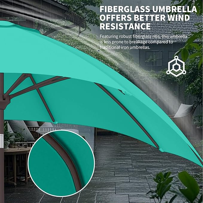 Kingdura 10FT Outdoor Patio Umbrella, Market Table Umbrella with Push Button Tilt and Crank, 8 Sturdy Fiberglass Ribs, UV Protection for Pool, Lawn, Deck, Backyard, Garden (Tiffany blue)