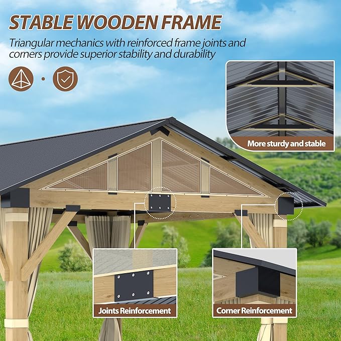 11' x 13' Wood Gazebo, Outdoor Hardtop Gazebo with Netting and Curtains, Cedar Wooden Frame Gazebos with Galvanized Steel Roof for Garden, Patio