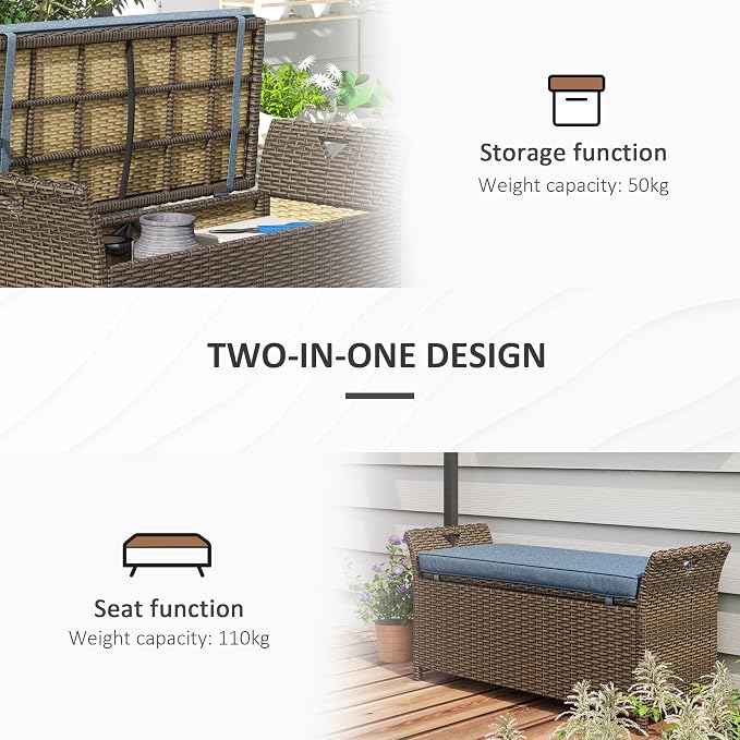 Outdoor Rattan Wicker Storage Bench with Cushion, Patio Storage Deck Box for Outdoor Furniture Cushions, Garden Tools (Dark Blue)