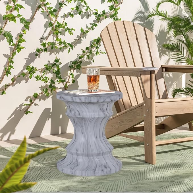 Faux Terrazzo Cement Tree Stump Stool Table, Modern Outdoor Accent Table for Patio & Garden, Round Side Table Indoor and Outdoor, Marble