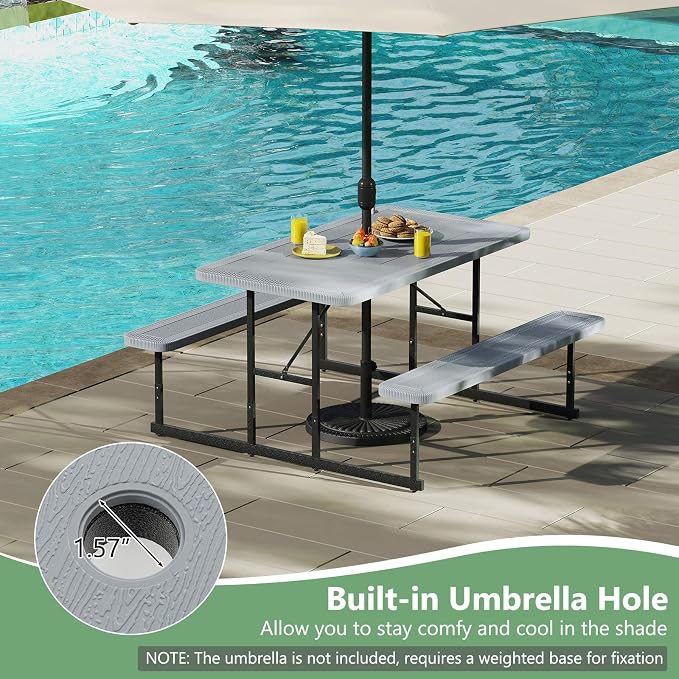 Picnic Table Set for 2-4 People, Umbrella Hole, Heavy-Duty Metal Frame & 2 Benches, HDPE Rectangular Outdoor Dinning Table & Benches for Outside, Patio, Garden, Backyard, Porch (Gray)