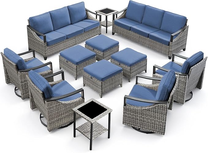 12 Piece Wicker Patio Furniture Sets-High Back Wicker Swivel Rocker Patio Chairs Set of 4 with Thick Cushions Ottomans, Outdoor Sofa, Patio Conversation Sets for Porch Balcony Patio Deck Grey/Blue