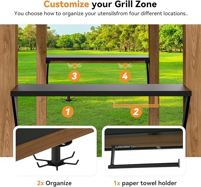 Modern Shade Grill Gazebo 6' X 8', Cedar Wood Gazebo with Shelves and Paper Towel Holder, Outdoor Bar with Galvanized Steel Roof, USB and USB-C Charging Ports, Outdoor Patio Bars for Backyard