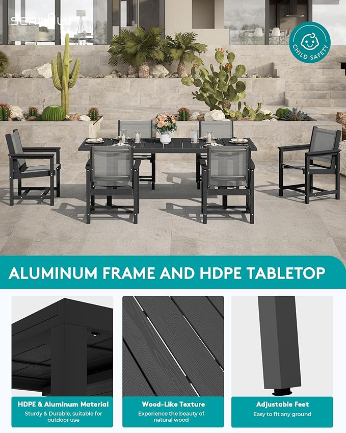 SERWALL Outdoor Dining Chairs Set of 2, All-Weather HDPE and Textilene Material Patio Chairs, Grey