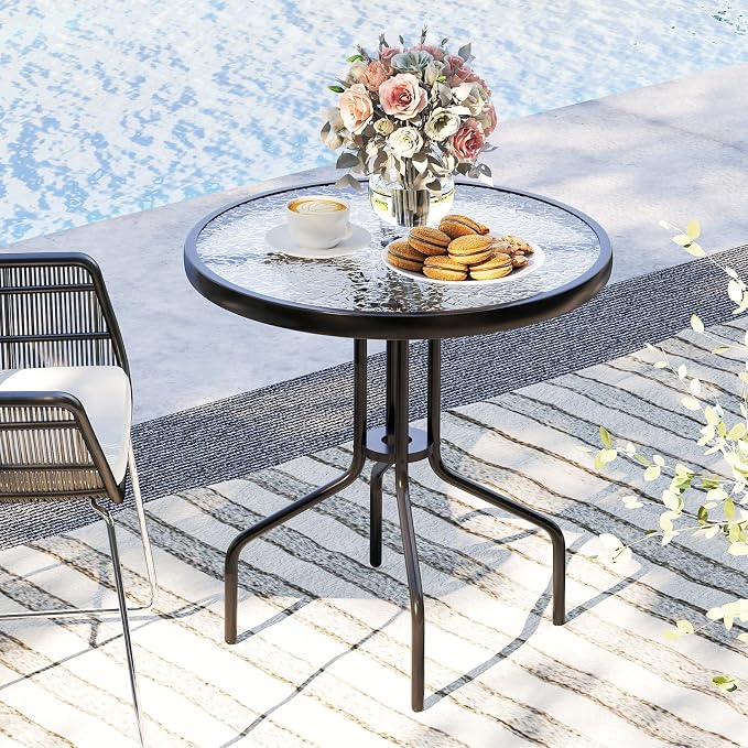 Giantex 27.5" Outdoor Bistro Table, Patio Round Dining Table w/Tempered Glass Tabletop & 1.57" Umbrella Hole, Heavy-Duty Metal Frame for Garden Yard Poolside Porch (27.5"x27.5"x28")