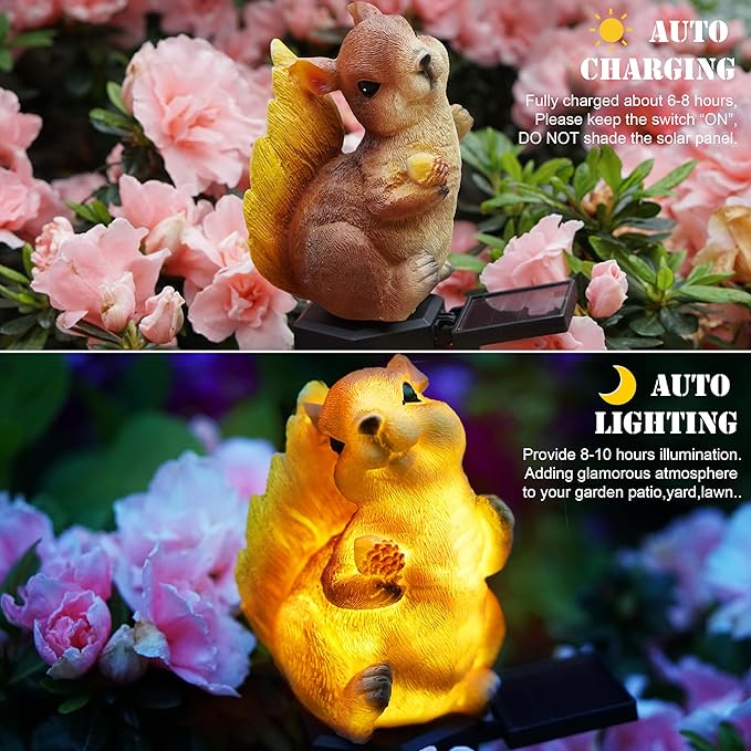 SmilingTown Solar Squirrel Garden Lights - Outdoor Decorative Stake Light Waterproof for Yard Patio Pathway Lawn Ornaments Garden Decorations Gifts (2 Packs)