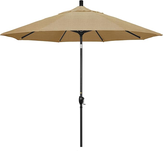 California Umbrella 9' Round Aluminum Market Umbrella, Crank Lift, Push Button Tilt, Black Pole, Sunbrella Linen Sesame