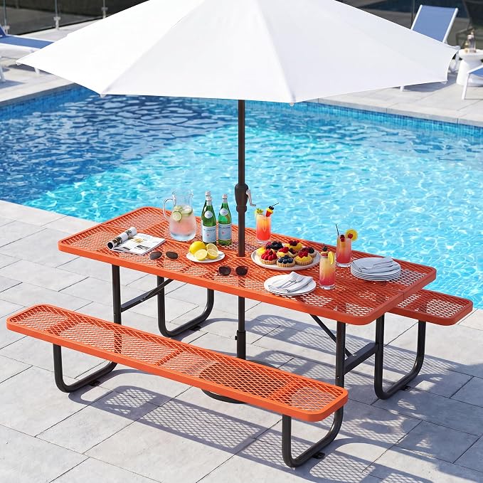 72" Outdoor Rectangular Picnic Table with Umbrella Hole, Heavy Duty Commercial Grade Steel Camping Table for Backyard Patio Deck, Weather-Resistant Orange Metal Mesh
