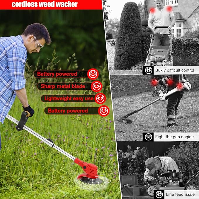 Electric Wacker Weed,Cordless Wacker Weed&Grass Edger Cordless(2 Batteries & Charger Included) with 3 Types Blades.Lightweight Weed Eater.