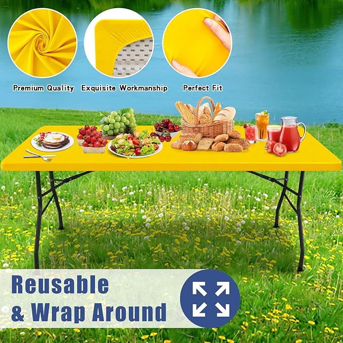 Moosfor Spandex 5 Foot Rectangle Table Cloth 2 Pack, Elastic Fitted Tablecloths for Picnic, Stretch Washable Patio Table Cover for Outdoor, Camping, Banquet and Parties (Yellow, 30"x60")