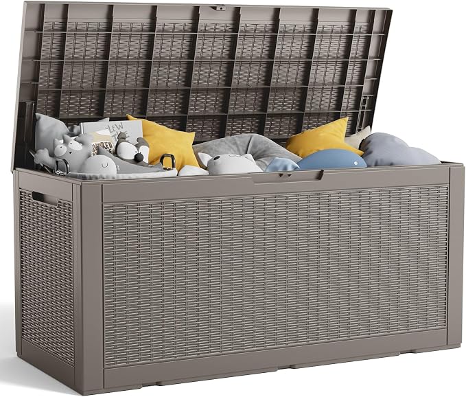 ROJIK 125 Gallon Waterproof Outdoor Deck Storage Box, Lockable Resin Patio Storage Bin with Lid for Garden Tools, Patio Cushions & Outdoor Accessories (Grey)