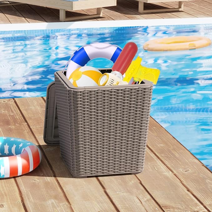 MEDIMALL Resin Wicker Patio Side Table with Lid, 11.5-Gallon Outdoor Deck Box with Concealed Storage Space, Small Square Coffee Table End Table for Porch, Garden, Poolside, Brown/Black (brown)