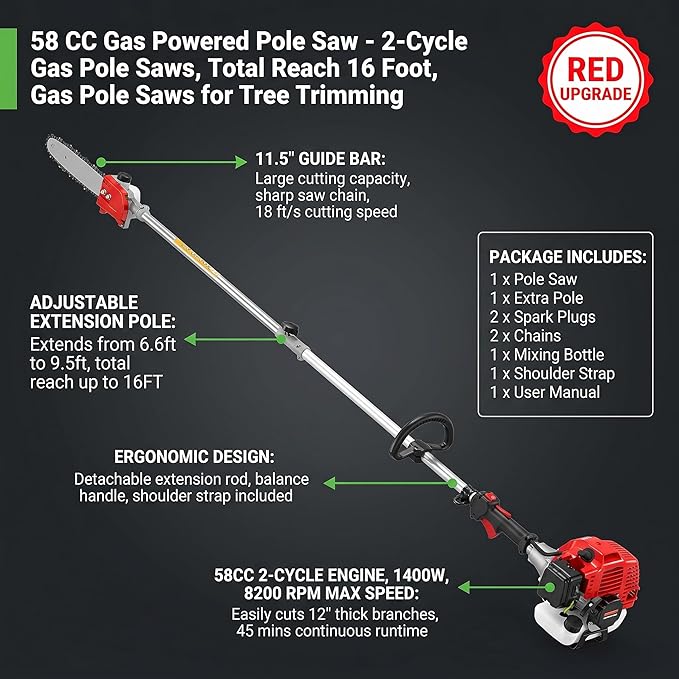 Homdox 58CC Gas Pole Saw, 2-Cycle Gas Powered Tree Trimmer with 11.5" Guide Bar, 16FT Reach Extension Pole Saw for Tree Trimming & Pruning, Includes 2 Chains, 2 Spark Plugs & Shoulder Strap, Red