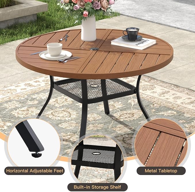 5 Pieces Patio Dining Set, 4 Outdoor Swivel Dining Chairs with 40.7" Round Metal Outdoor Dining Table with Umbrella Hole for Garden Backyard Deck, Mixed Brown & Walnut