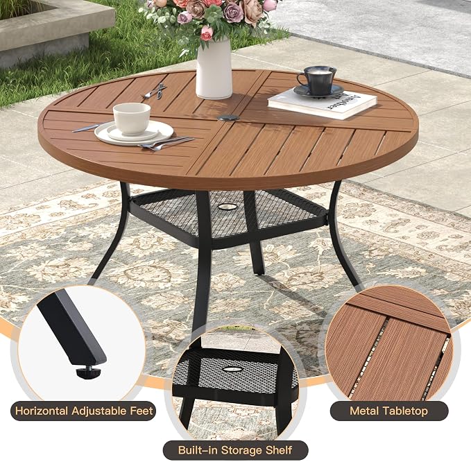 Outdoor Dining Set for 4, 40.7" Metal Round Outdoor Dining Table with Umbrella Hole and Wicker Stackable Patio Chairs, 5 Pieces Patio Table and Chairs Set for Garden Backyard, Walnut