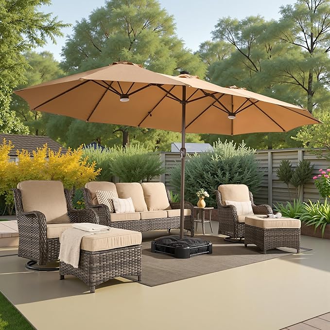 15ft Large Patio Umbrellas with Base & Solar Lights,Outdoor Rectangle Double-Sided Market Umbrella with Stand & 38 LED Lights,Outside Umbrellas for Poolside Deck Backyard (Beige/Tan)