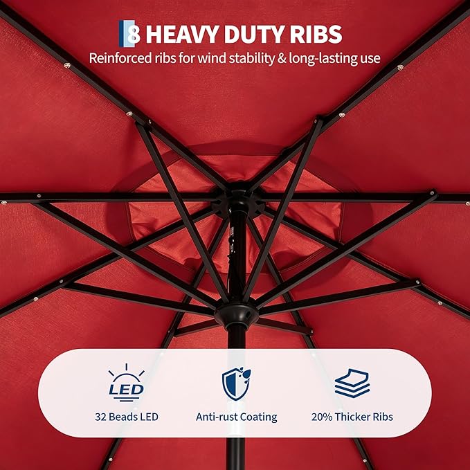 Garvee 10FT Patio Umbrella with 32 Solar LED Lights, Outdoor Table Market Umbrella with Tilt and Crank, 8 Sturdy Iron Ribs Sun Shade for Garden, Deck, Backyard and Pool, Red