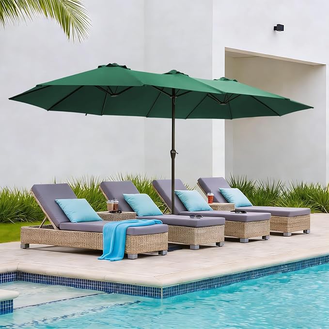 15FT Large Patio Umbrellas with Base Included, Outdoor Double-Sided Rectangle Big Market Umbrella with Stand, Outside Umbrellas for Poolside Lawn Backyard,Green