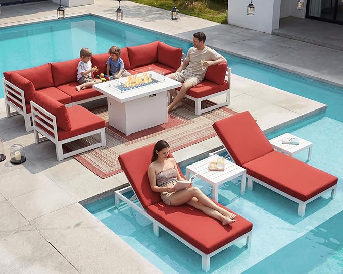 RADIATA 11 Piece XL Aluminum Patio Sectional Furniture Set with Chaise & Fire Pit Table, 500 lbs Heavy Duty Anti-Rust Outdoor Couch, 29 inch Deep Wide Seating, Elegant Conversation Sofa for Yard, Red