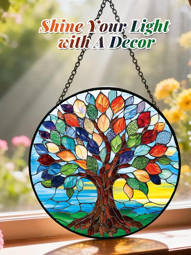 Tree of Life Stained Glass Suncatcher Window Hanging Birthday Gifts | 6.3in Garden Sun Catcher, Colorful Tree Art Sunrise Ornament for Door Home, Gift for Women Men & Mother's Day Christmas