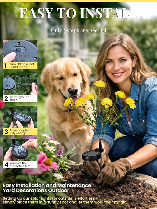 GIGALUMI Solar Lights Outdoor for Garden Decor, 4 Pack Solar Flower Lights Waterproof, 2 Lighting Modes 28 Carnations for Pathway,Yard, Patio Decoration, Gardening Gifts for Women (Yellow)