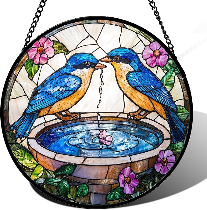 DASTOLL Stained Glass Window Hanging, 2 Blue Birds Suncatcher Diamond Glass Panel Hangings Bird Lover Sun Catchers Decor for Birthday for Women, Men, Wife, Aunt, and Mom 14.9 in