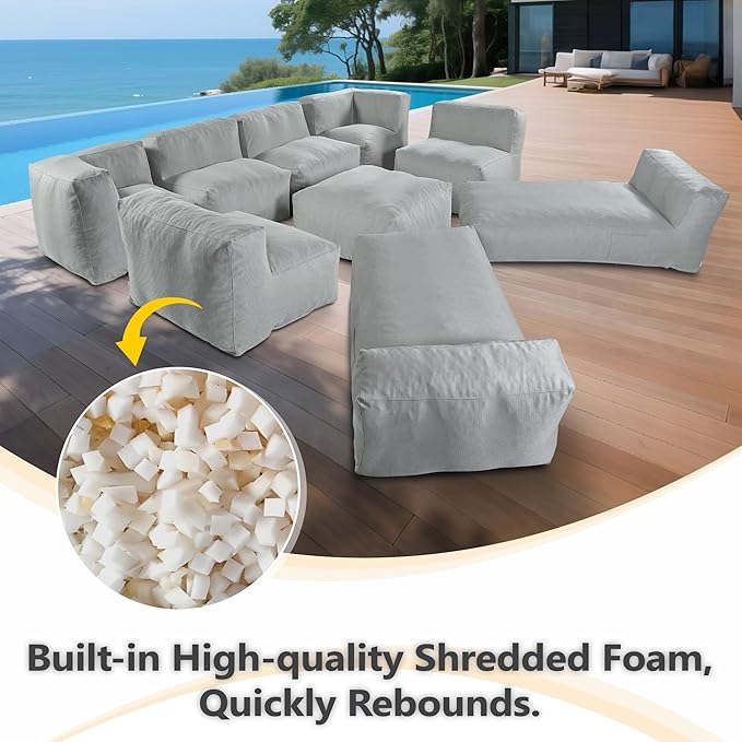 Patio Furniture Set, 9 Pcs Outdoor Conversation Set with Bean Bag Middle Chairs, Corner Chair, Ottomans, Modern Foam Couch Set for Garden, Deck, Balcony (9, Light Gray)