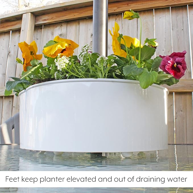 AuldHome Design Umbrella Planter for Patio Table w/Umbrella Hole (White), Enamelware Half-Circle Planter Pots