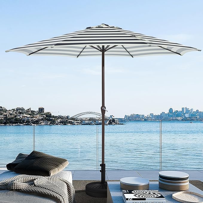 JEAREY 12' Patio Umbrellas Outdoor Table Market Umbrella w/Crank, 8 Sturdy Ribs, UV Protection Windproof for Garden, Deck, Backyard, Pool(Beige & Black Striped)