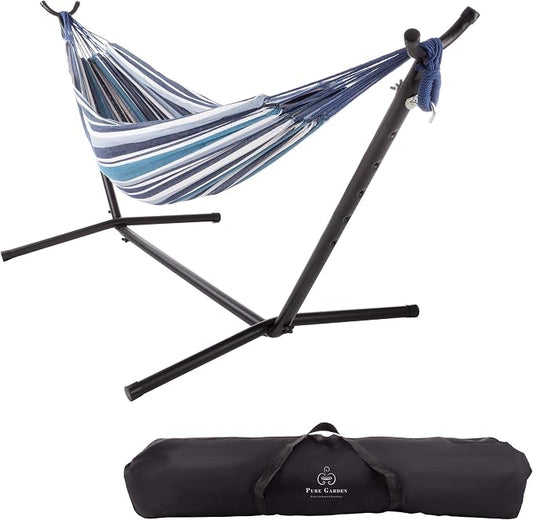 Double Brazilian Hammock with Stand– Woven Cotton, 2-Person, Outdoor Swing with Frame for Camping, Backyard or Patio by Pure Garden (Blue Stripes)
