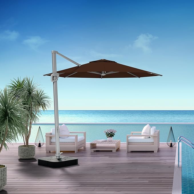 Midtown Umbrellas 10 Ft Outdoor Cantilever Patio Umbrella w/Sunbrella Bay Brown - Tilt 360° Rotate Offset Patio Umbrella, Deck Patio Umbrella, Backyard Umbrella & Garden Umbrella - Silver Frame