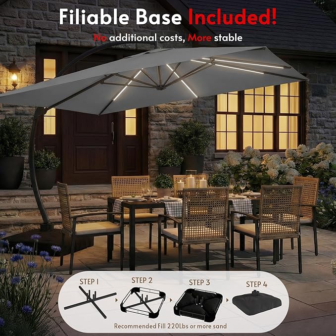 11x11FT Solar Powered LED Light Cantilever Patio Umbrella with Base Included, Large Cantilever Umbrella with 360°Rotation, Heavy-Duty Offset Outdoor Umbrella for Patio,Pool,Backyard (Gray)