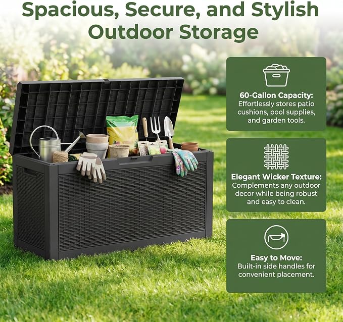 60 Gallon Deck Box, Waterproof Resin Outdoor Storage Box Lockable for Patio Furniture, Fade Resistant Patio Side Table & Organizer for Garden Tools, Pool Floats, Outdoor Cushions, Black