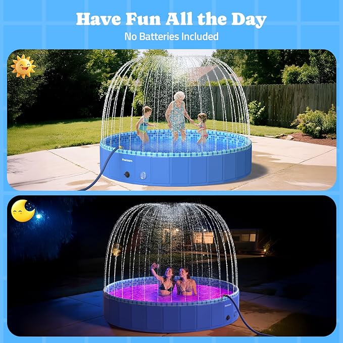 Foldable Dog Pool with Sprinkler RGB LED Light, 94" Collapsible Hard Plastic Kiddie Swimming Splash Pool for Small Medium Large Doggie Kitty Puppy, Pet Bathing Tub Wading Pool for Dogs Blue