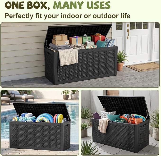 150 Gallon Outdoor Storage Box, Large Resin Deck Box Waterproof, Lockable Toy Storage Container, Storage Bins with Lids for Patio furniture, Garden Tool Box, Black