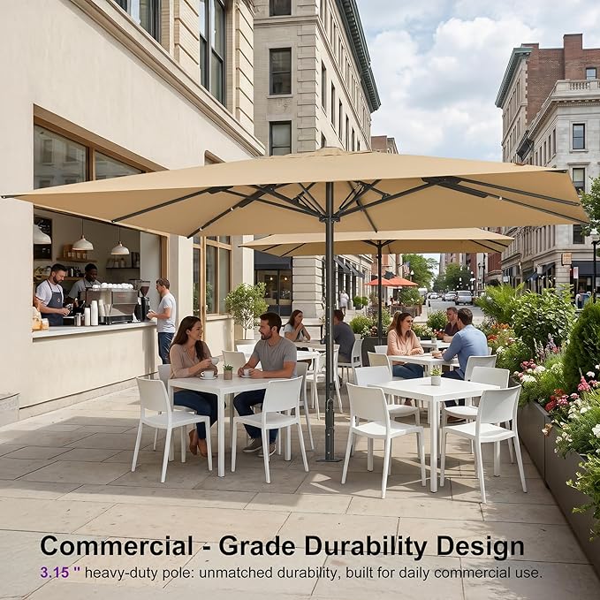 PURPLE LEAF 16' x 13' Rectangular Semi-Auto Outdoor Patio Umbrella Aluminium Market Umbrella Table Sun Umbrella with 3.15" Rod and 8 Sturdy Ribs for Deck Lawn Pool Garden, Beige