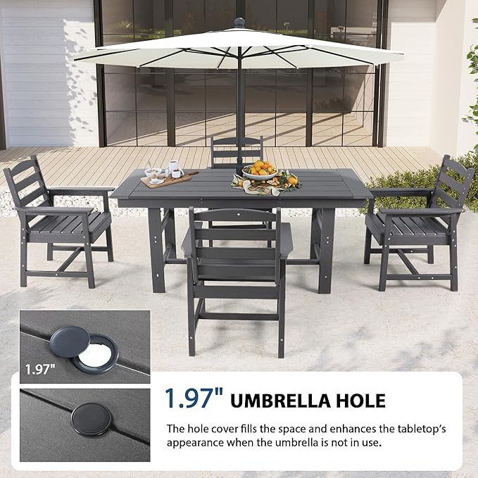 MELLCOM 5 Pieces Patio Dining Table Sets, Outdoor HDPE Dining Furniture Set with Umbrella Hole Table and 4 Chairs for Deck, Garden, Backyard