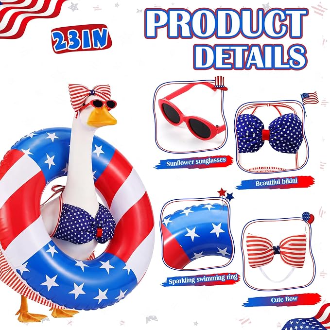 Bikini Porch Goose Outfits with Sunglasses and Swimming Tube for 23" Summer Goose Costume Garden Patio Statue Decor (4th of July)
