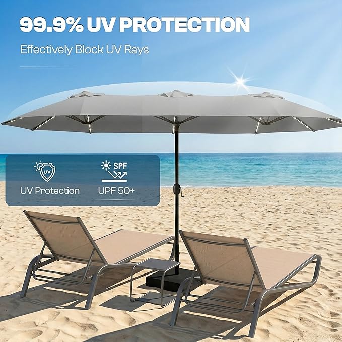 15FT Large Outdoor Patio Umbrella with Solar Lights and Base, Double-Sided Table Umbrellas with 48 LED Lights, Rectangle Market Umbrella for Pool, Deck, Backyard