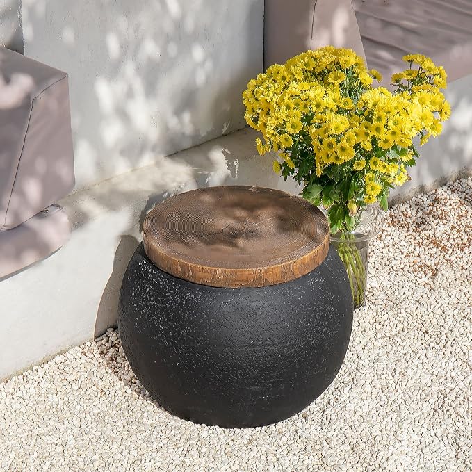 COSIEST Outdoor Side Table Set of 2, Black Drum Outdoor End Tables,17" Patio Side Table, Concrete Side Tables for Outside Faux-Wood Top Accent Table Stool for Yard, Garden, Indoor