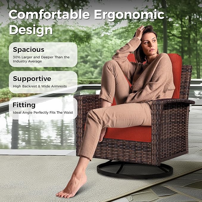 Swivel Patio Wicker Chairs Set of 2, High Back Outdoor Swivel Patio Rattan Chairs with 5.5" Thick Cushions for Bistro Balcony Porch Deck and Yard, Red